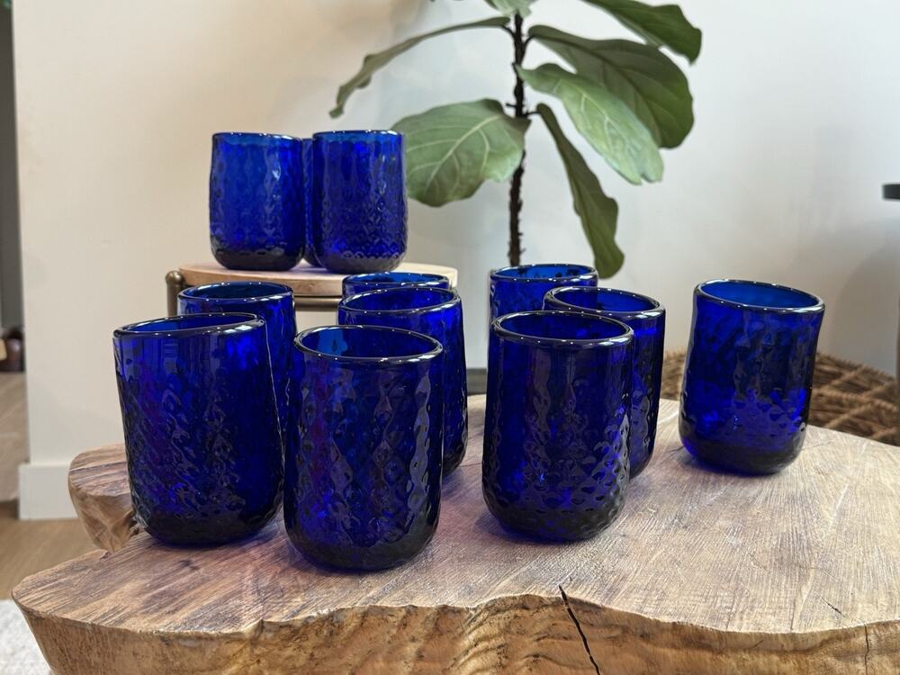 Small Diamond Optic Tumbler Cobalt Blue Blenko 25/26 12 Glasses 2510s Handblown